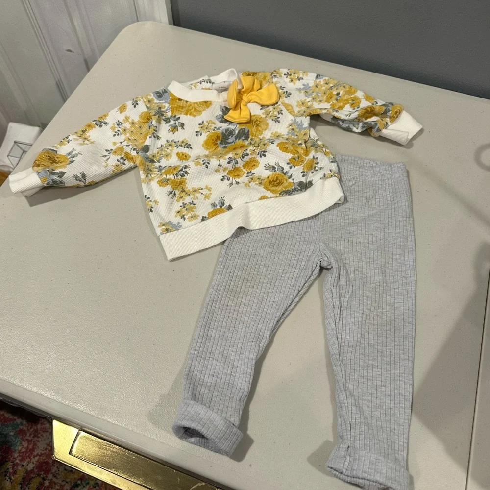 12M Laura Ashley Baby Floral Thermal Long Sleeve Top with Grey Ribbed Leggings